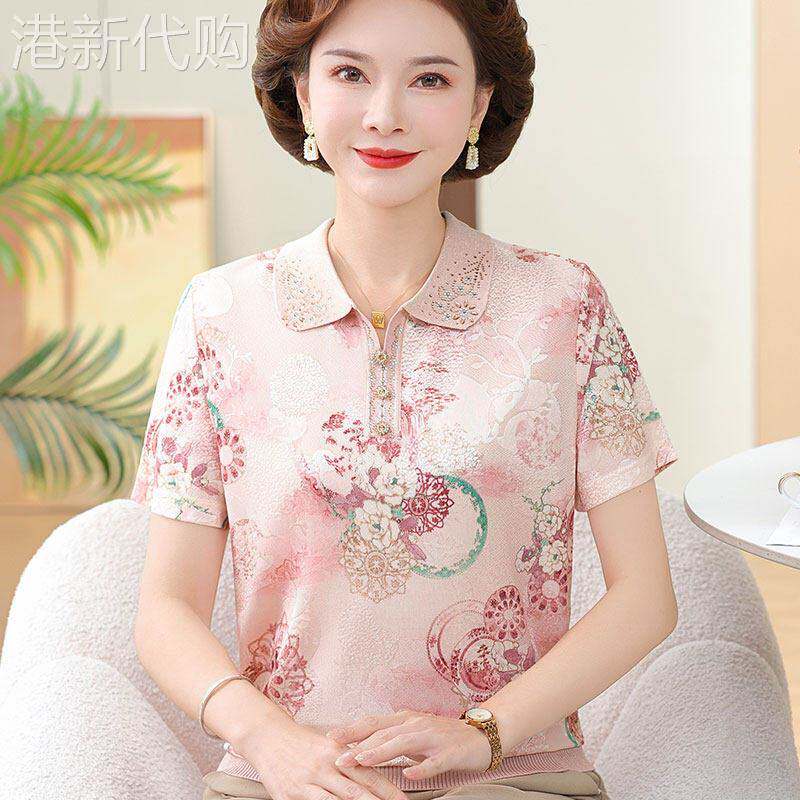 中老年妈妈冰丝翻领短袖女t恤夏季薄款宽松大码短款洋气时尚小衫