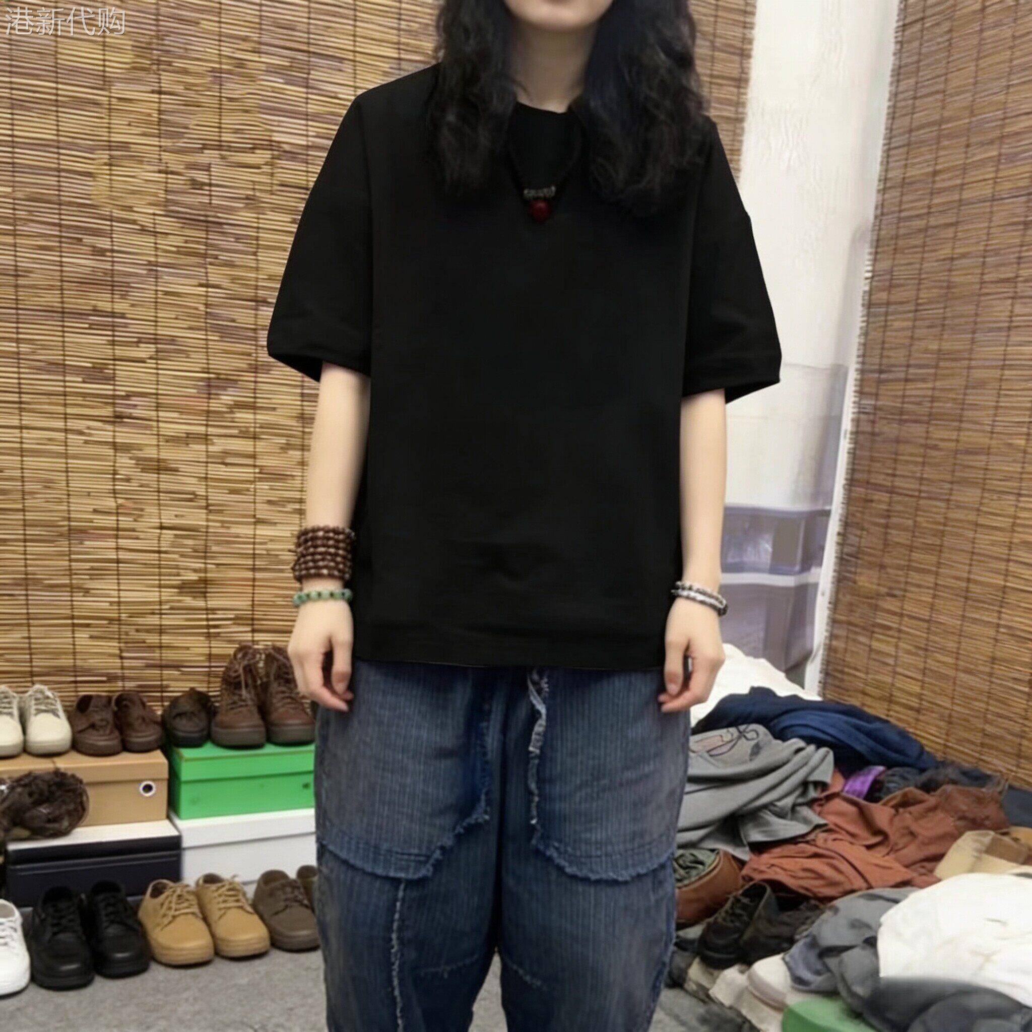 中年妈妈黑色纯棉正肩短袖t恤女夏季薄款宽松大尺码休闲美式上衣