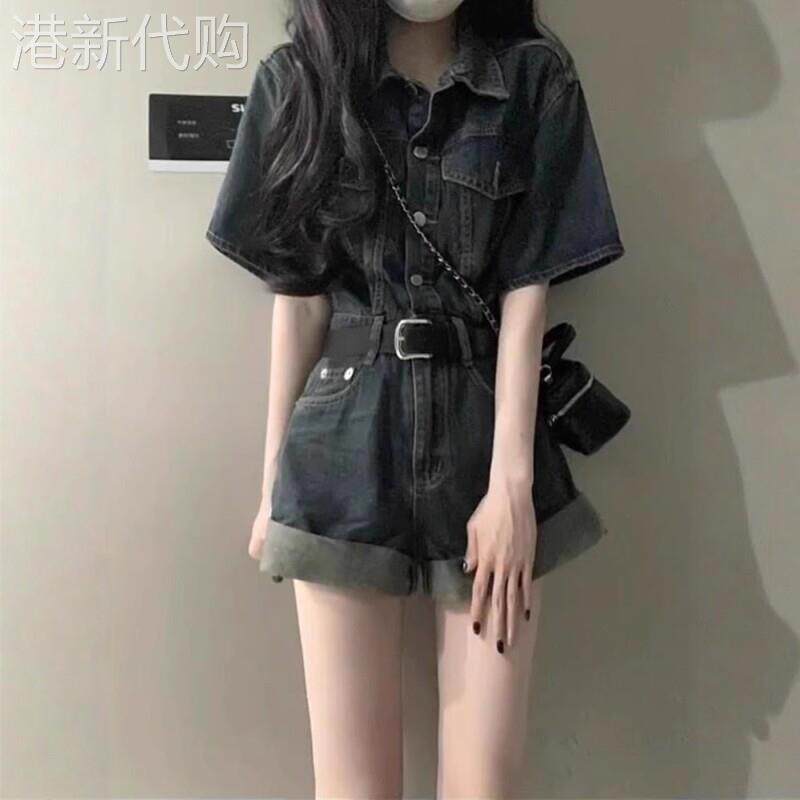 牛仔连身裤套装女夏季薄款2026新款韩版洋派收腰显瘦连衣阔腿短裤