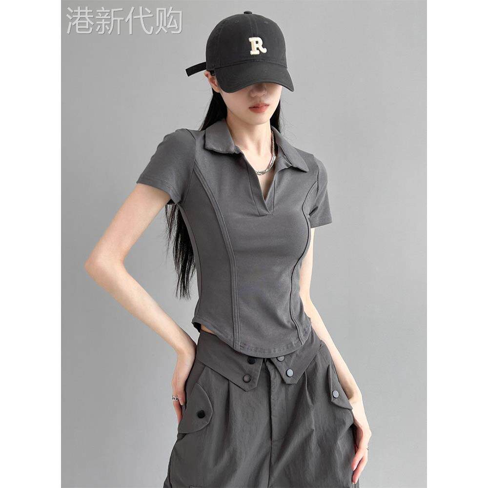 欧美性感风格右肩短袖女t恤Polo翻领2025夏季新款腰部鱼骨修身短