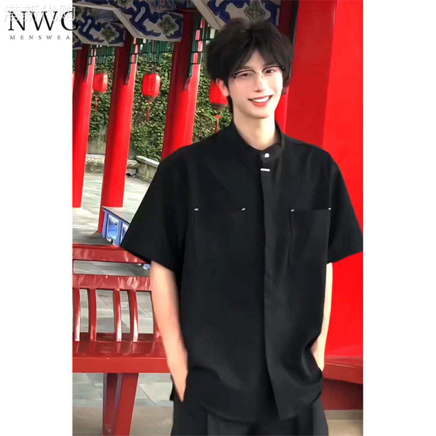 立领冰丝短袖衬衫男夏季薄款新中式国风宽松暗扣半袖衬衣休闲上衣
