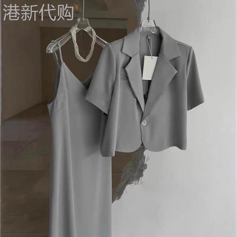 潮牌小香风西装套装裙女夏新款短袖西服上衣搭配吊带连衣裙两件套