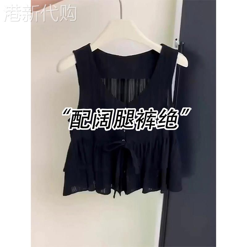 黑色V领吊带背心女夏外穿设计感别致宽松收腰显瘦娃娃衫无袖上衣