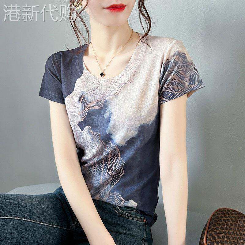 中年妈妈复古素雅圆领短袖t恤女士夏季薄款宽松大码洋气显瘦上衣