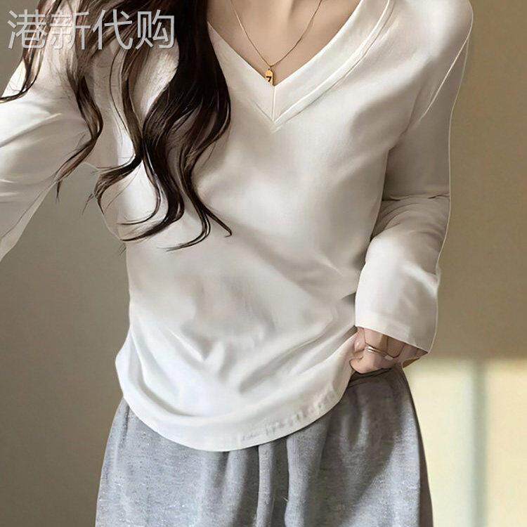 V领正肩长袖T恤女春秋2026年新款内搭修身打底衫收腰显瘦胖mm上衣