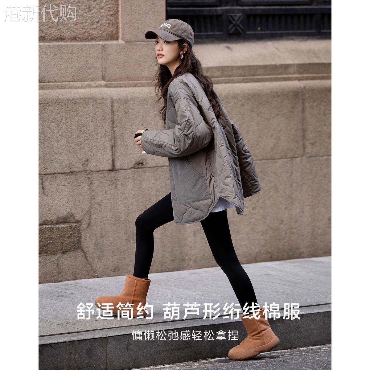 浅灰色棉服女2025秋冬新款无领宽松休闲保暖轻薄显瘦好看棉衣外套