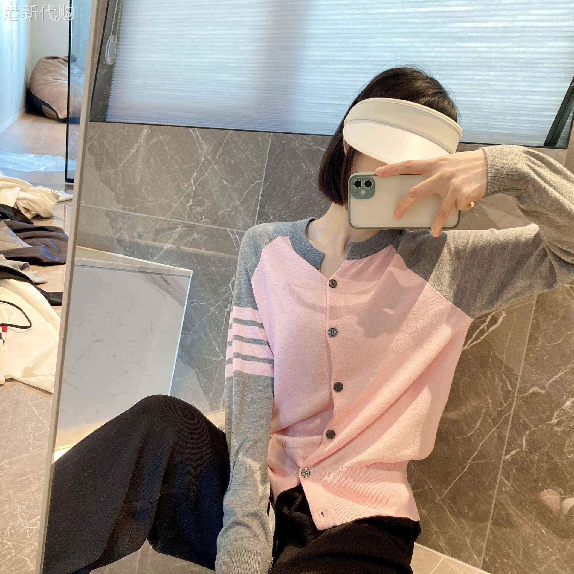 TB THOM 新款薄外套女韩版细羊毛开衫撞色条纹插肩袖显瘦针织衫