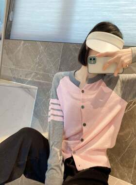 TB THOM 新款薄外套女韩版细羊毛开衫撞色条纹插肩袖显瘦针织衫