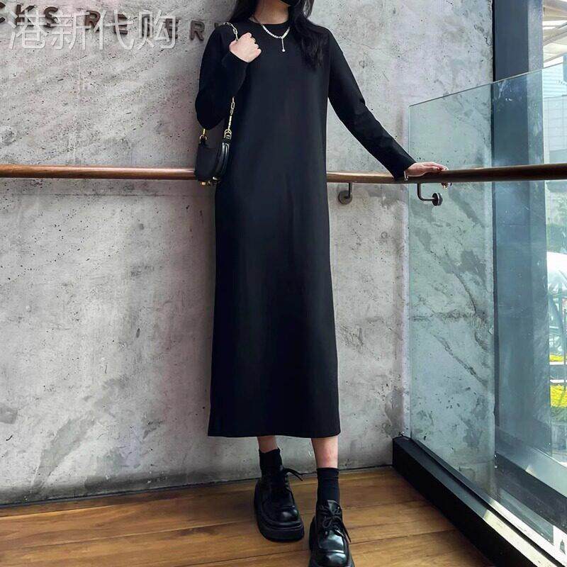潮牌欧货高端大码宽松长款打底小黑裙女春秋季百搭长袖简约连衣裙