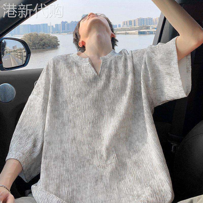 肌理感V领短袖T恤男夏季新款宽松痞帅扎染五分袖潮牌休闲半袖上衣