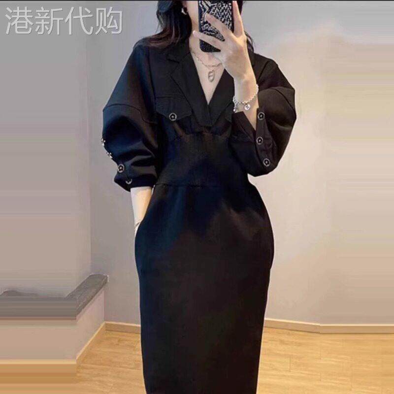 欧洲站秋装高级感名媛御姐高端黑色赫本风修身显瘦西装领连衣裙女