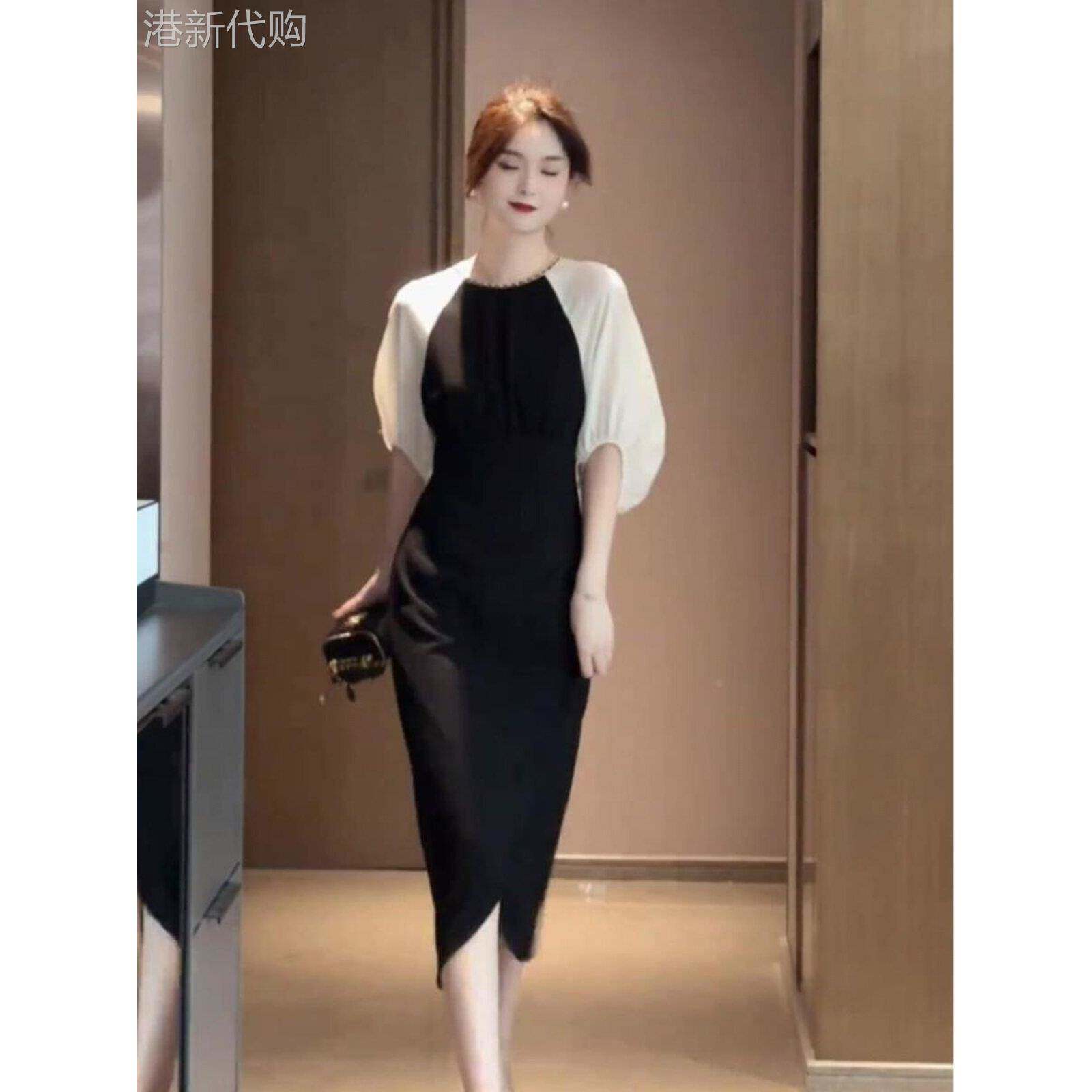 撞色泡泡灯笼袖开叉收腰短袖连衣裙女夏季欧洲站中长款气质小黑裙