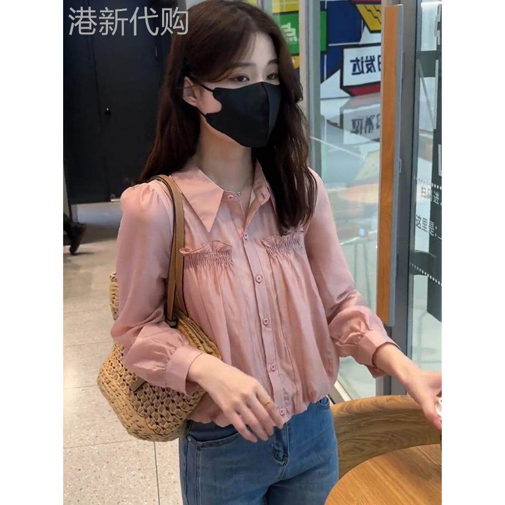 天丝棉衬衫女春秋款欧货宽松薄款小衫上衣小个子百搭短款衬衣外套