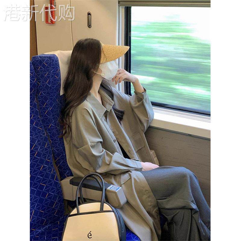 军绿色中长版长袖衬衫女装早秋新款大尺码胖mm遮肉显瘦薄款上衣外
