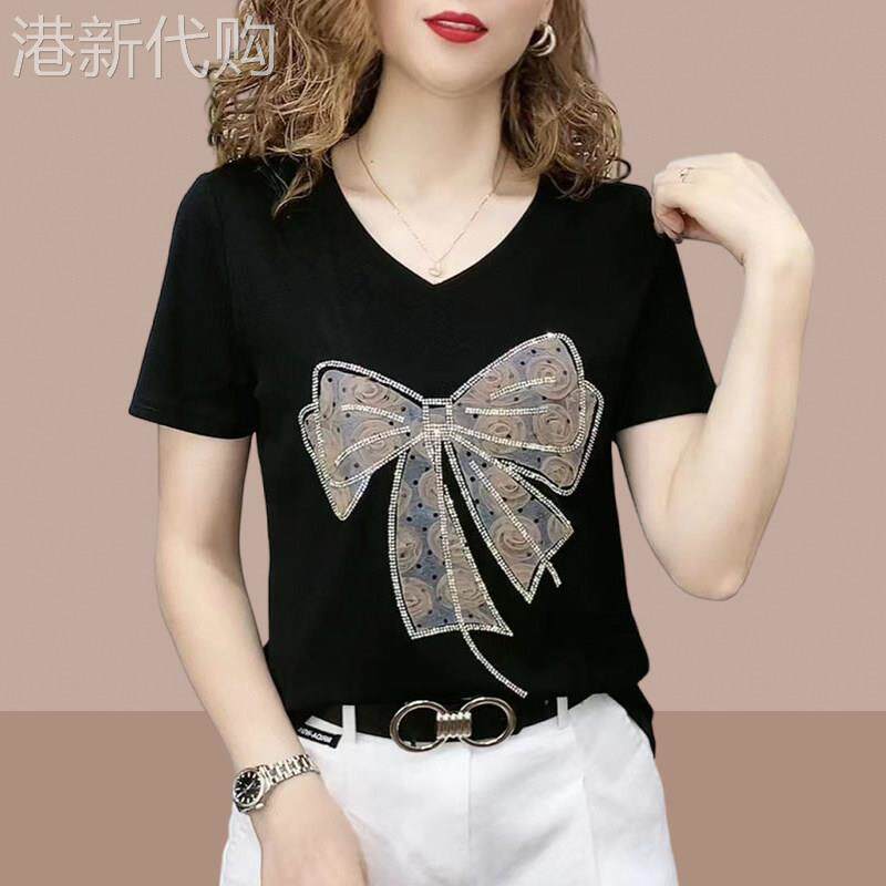 纯棉短袖t恤女2026夏季新款修身显瘦时尚洋派V领半袖T恤短款上衣