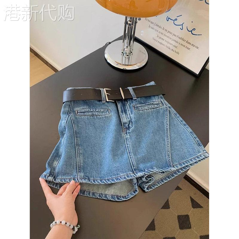 蓝色高腰牛仔短裤女夏季欧货新款潮流小众设计感休闲宽松A字裙裤