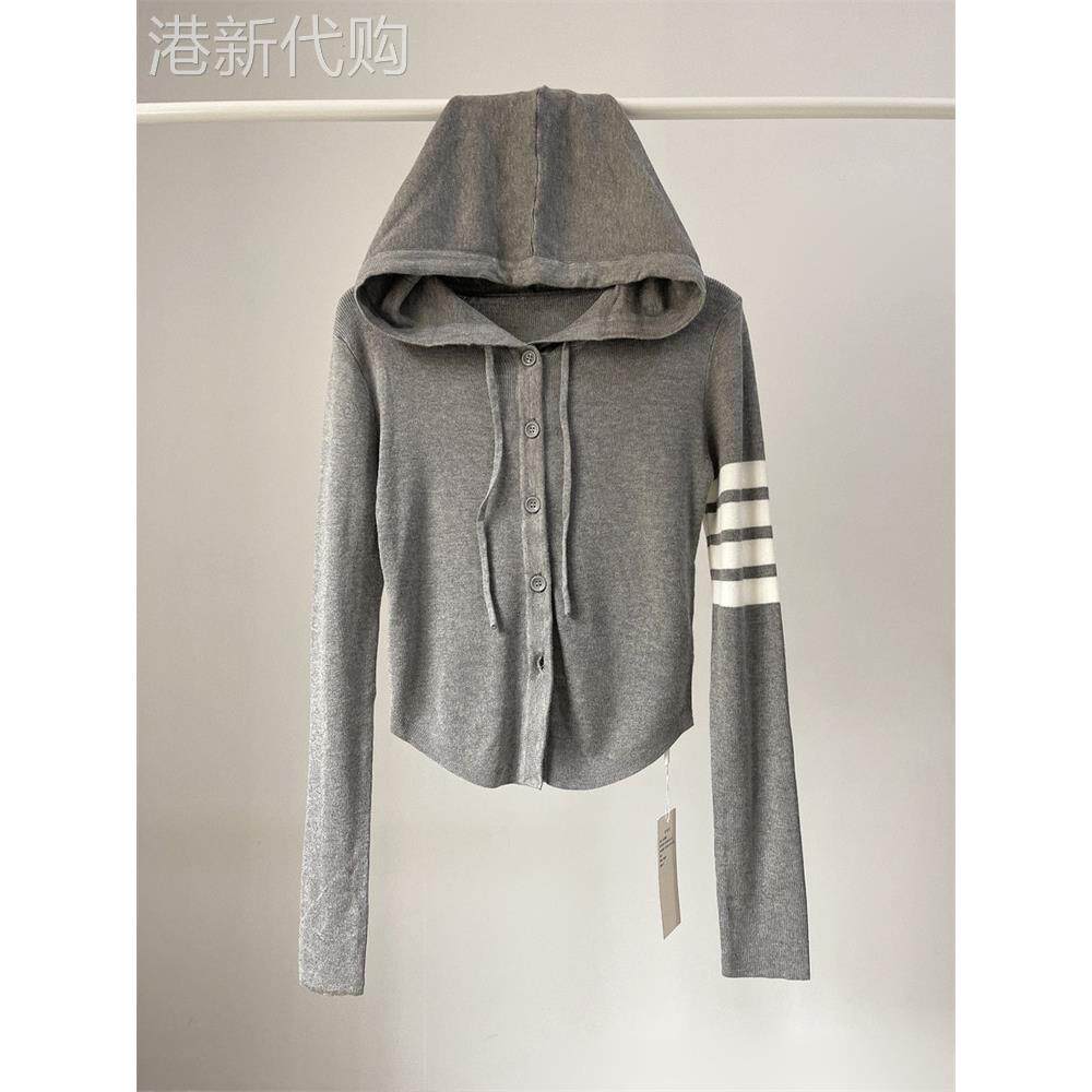 潮牌辣妹时尚撞色条纹连帽卫衣女春秋短款长袖开衫针织运动薄外套