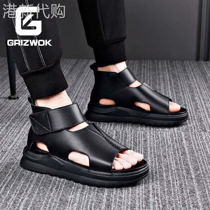 GRIZWOK男士凉鞋男真皮夏季增高罗马高筒潮流外穿软底沙滩鞋男款
