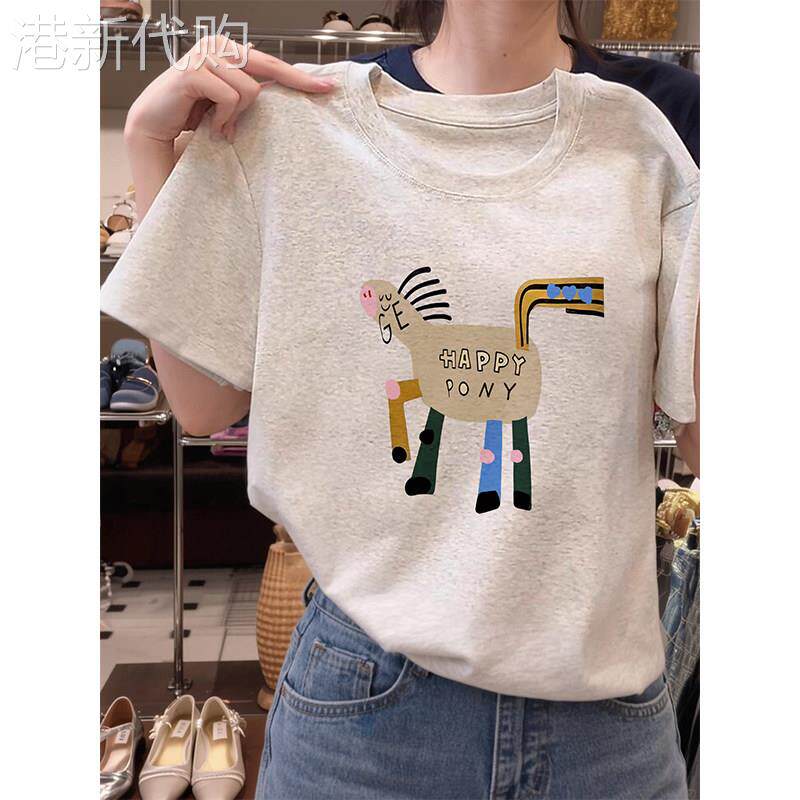 白灰色印花短袖T恤女夏季2026新款韩版宽松百搭慵懒正肩T恤上衣
