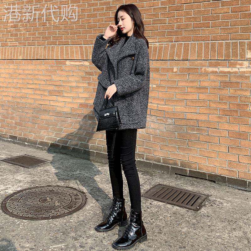 2025新款短款毛呢西装外套 女装直筒型人字纹黑色毛呢外套 适合小