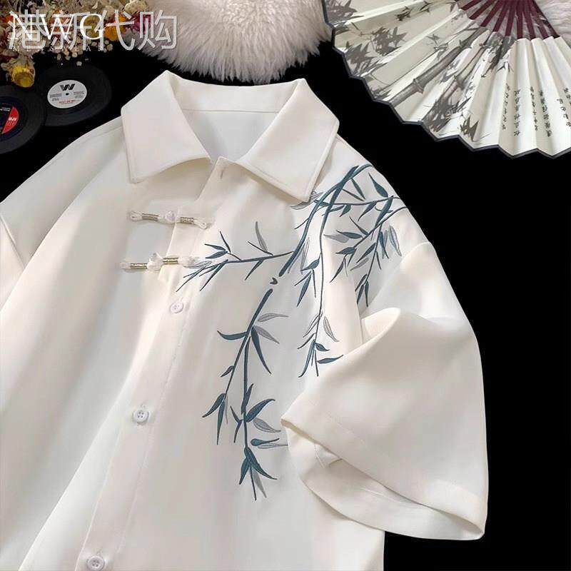白色短袖衬衫男潮牌夏季高级感新中式国风宽松衬衫男刺绣汉服唐装
