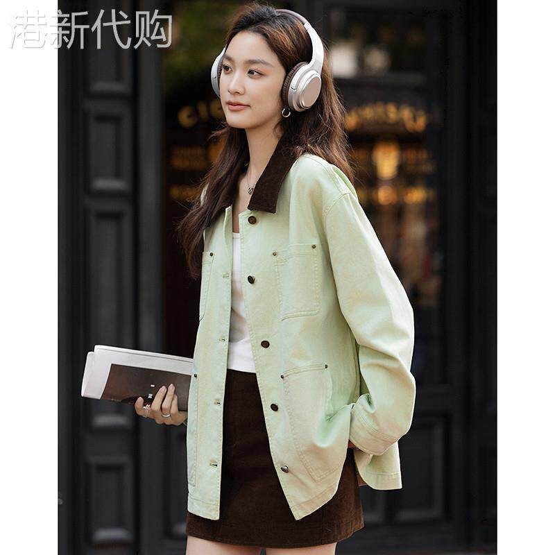 德玛纳巴恩风拼接翻领纯棉牛仔外套女26春季新款多口袋中长版上衣