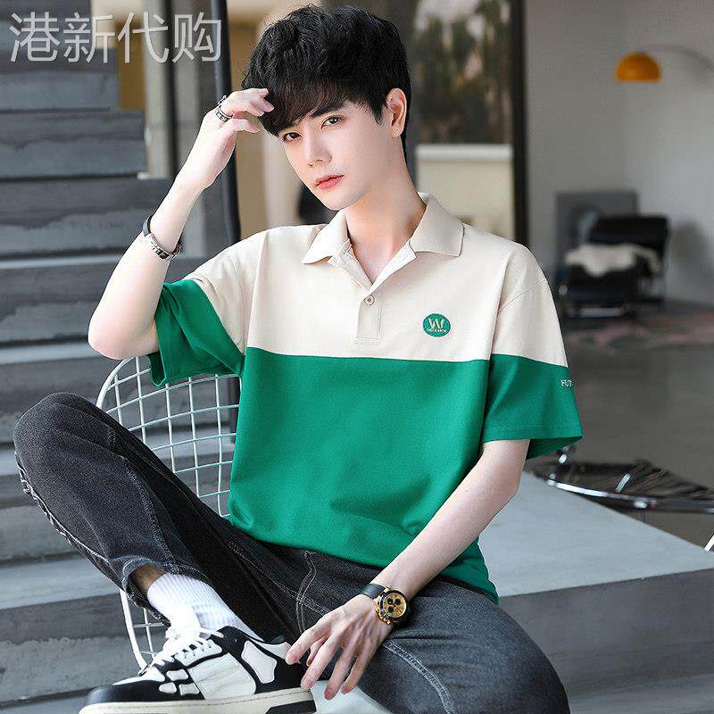Polo衫男夏季潮牌拼接宽松纯棉衬衫领短袖T恤青少年休闲百搭上衣