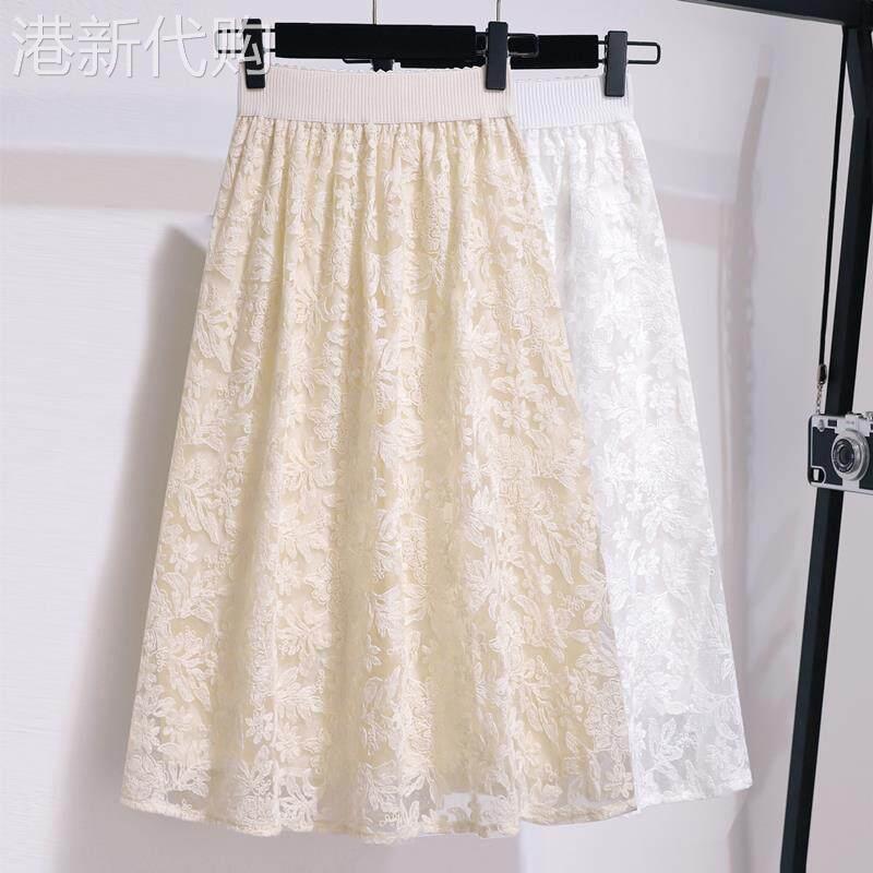 杏色蕾丝半身裙女夏季2025新款高腰显瘦小个子网纱裙a字百褶裙