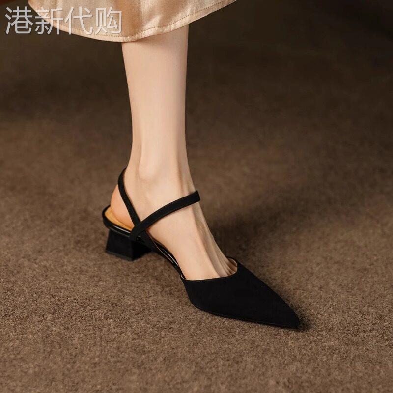 包头凉鞋女2026夏季新款百搭磨砂真皮一字扣带尖头浅口粗跟高跟鞋