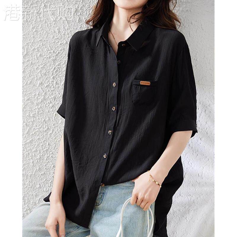 翻领短袖衬衫女夏新款时尚设计感休闲洋气百搭女士POLO领衬衣上衣