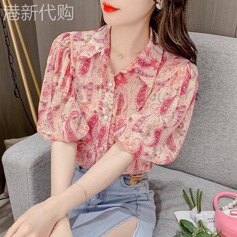 高端泡泡袖碎花雪纺衬衫女夏季2025年新款设计感小众法式收腰上衣