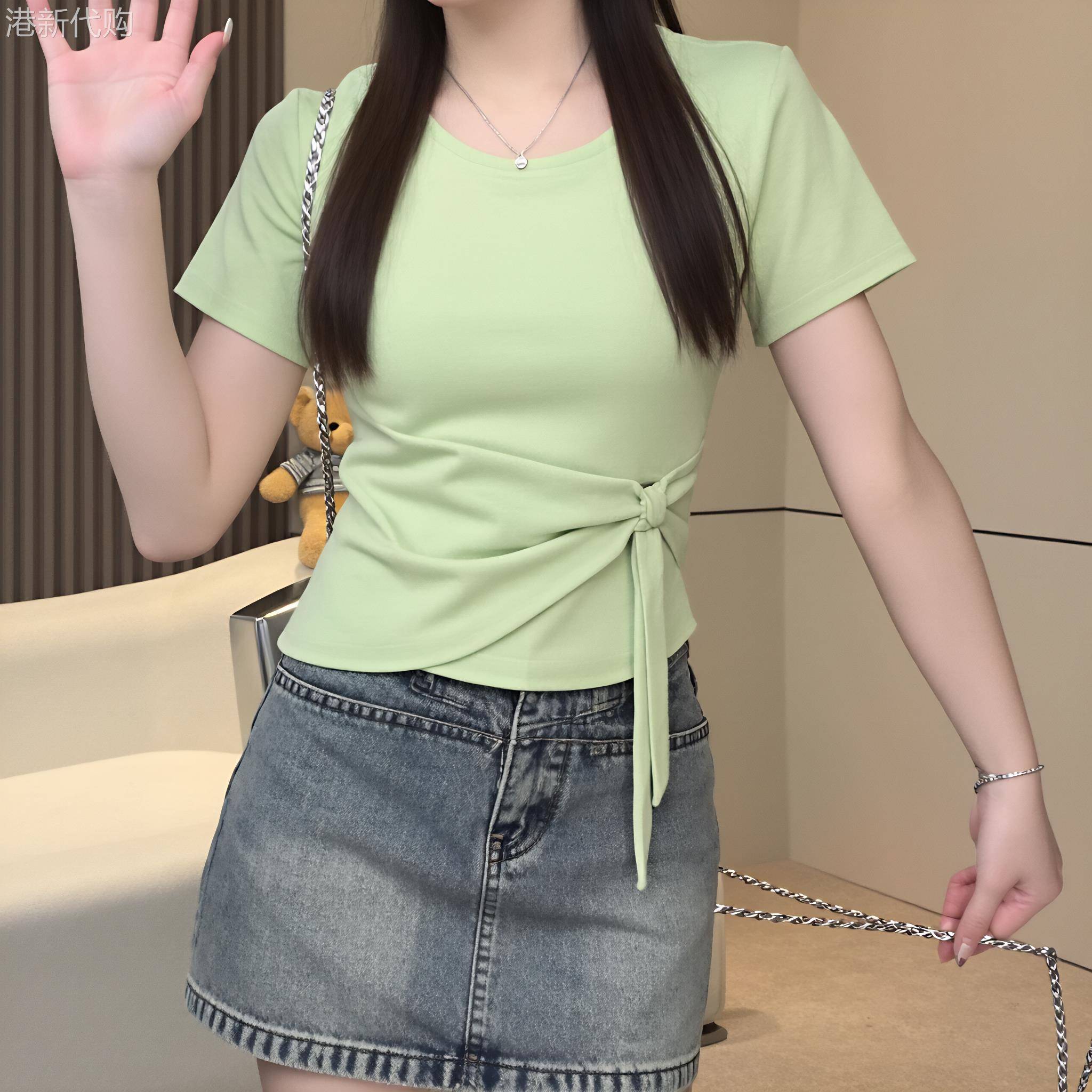 绿色系带短袖T恤女夏季2026新款大尺码收腰显瘦设计感小众短款上