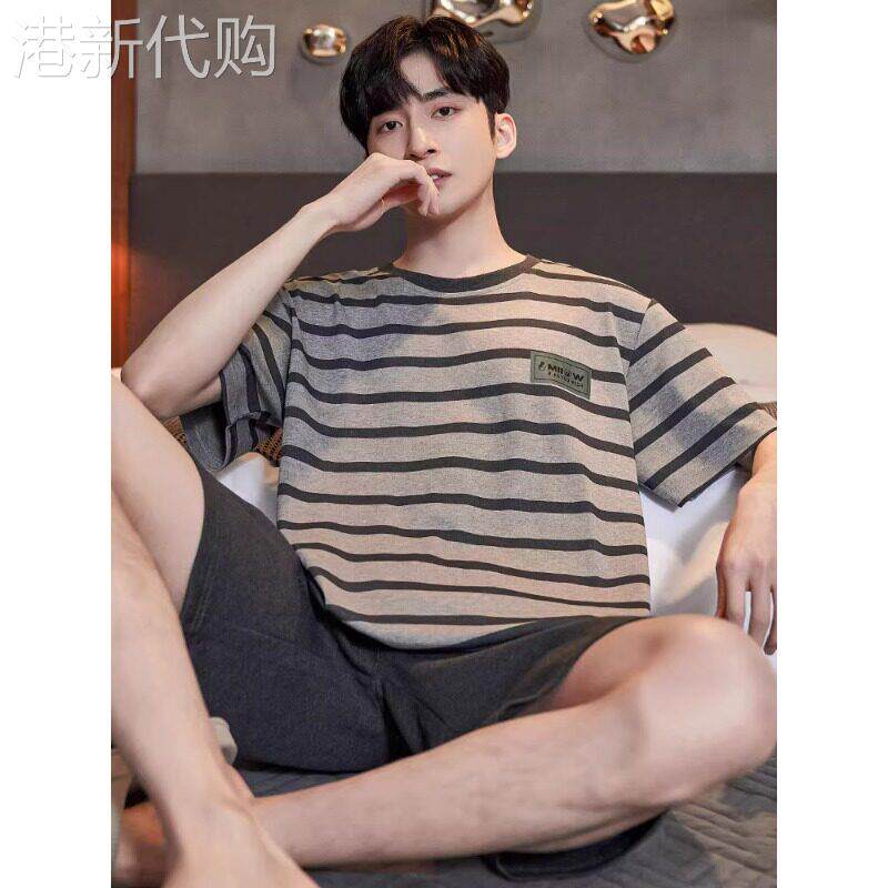 高级感夏季薄款短袖纯棉男士睡衣可外穿休闲风条纹套头家居服套装