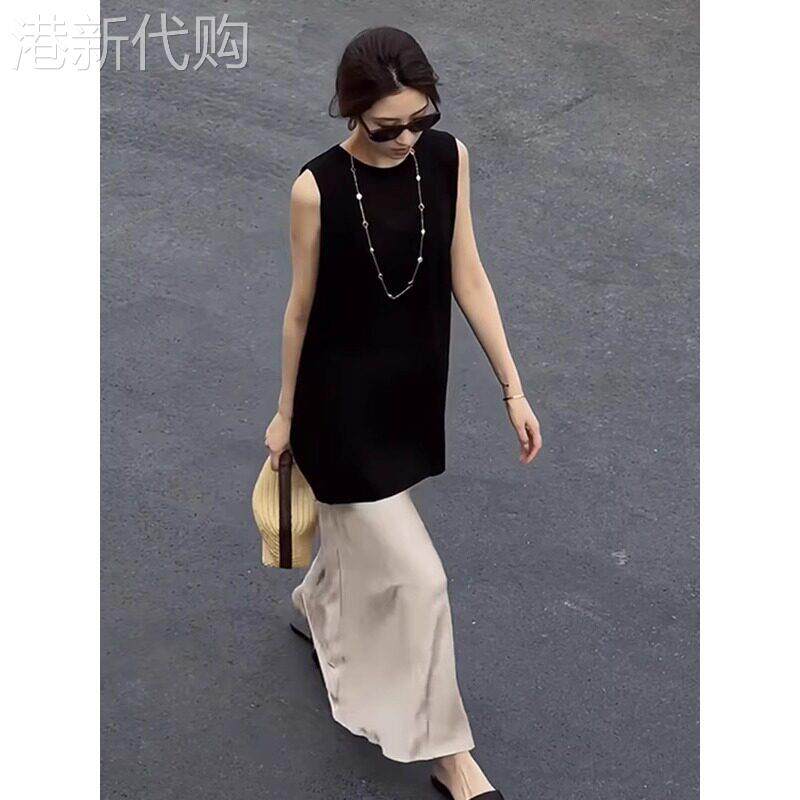 黑色冰丝吊带背心女夏季薄款宽肩带遮副乳宽松显瘦中长版无袖上衣