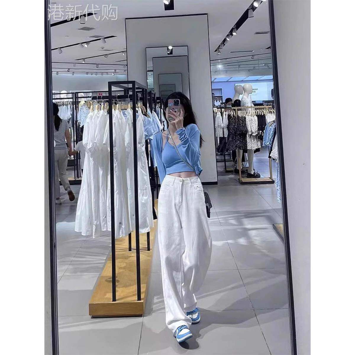 白色阔腿牛仔裤子女2025秋季新款窄版高腰垂感薄款宽松直筒拖地裤