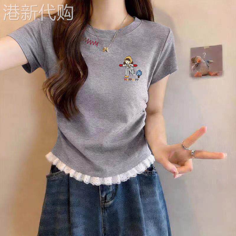 2026新款夏装蕾丝花边半袖T恤女士纯棉显瘦百搭短袖收腰洋气上衣