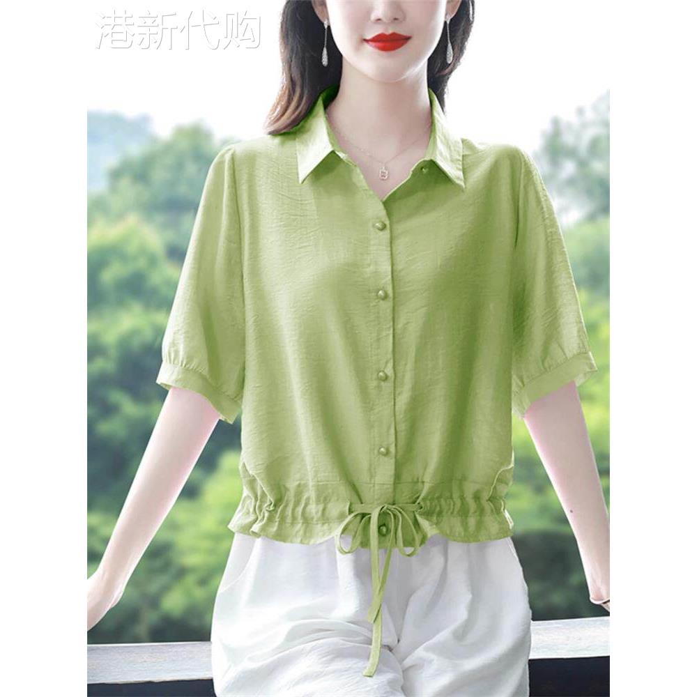 棉麻衬衫女夏季薄款2025新款气质时尚显瘦小个子抽绳收腰短款上衣