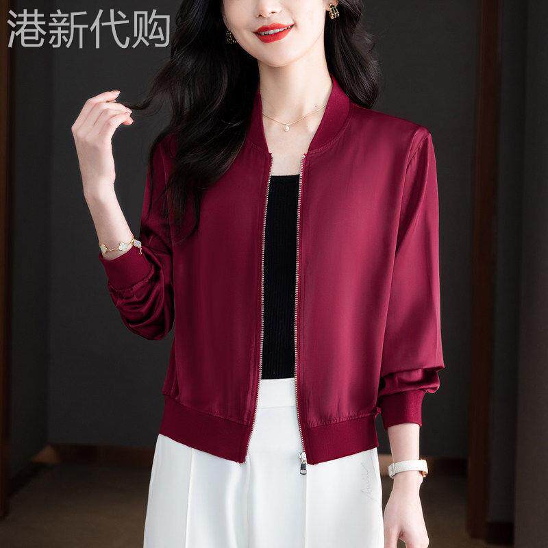桑蚕丝棒球服女春秋季休闲宽松显瘦百搭气质开衫夹克短款外套上衣