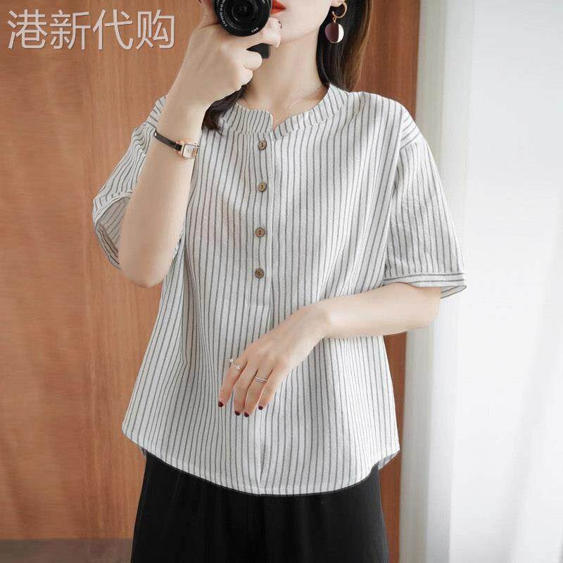 棉麻短袖衬衫女士夏季薄款2026新款宽松大码显瘦条纹半袖t恤上衣