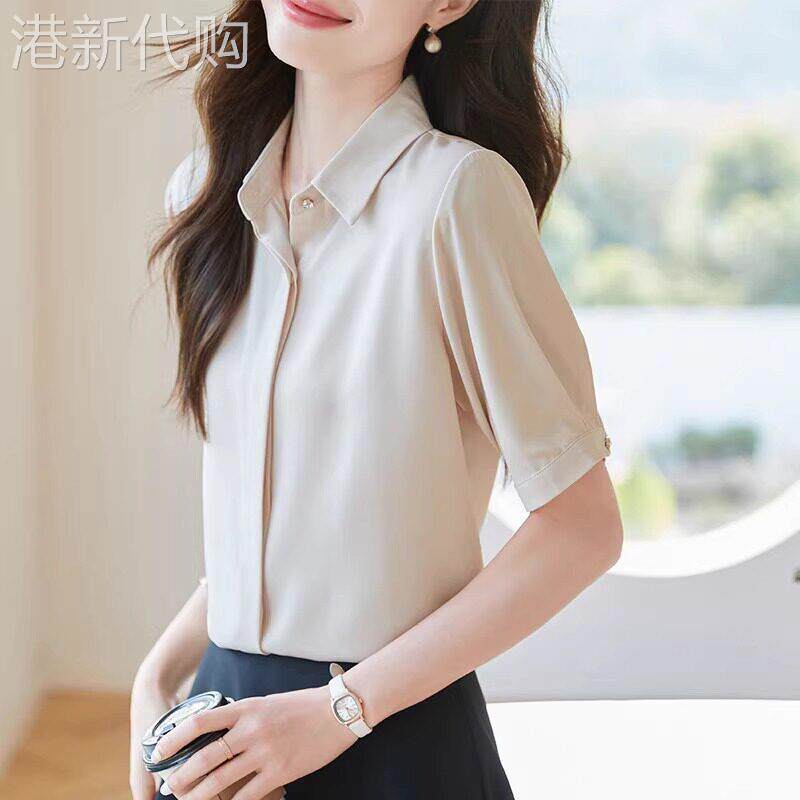 真丝衬衫女2026新款高端缎面短袖职业衬衣气质翻领桑蚕丝上衣夏季
