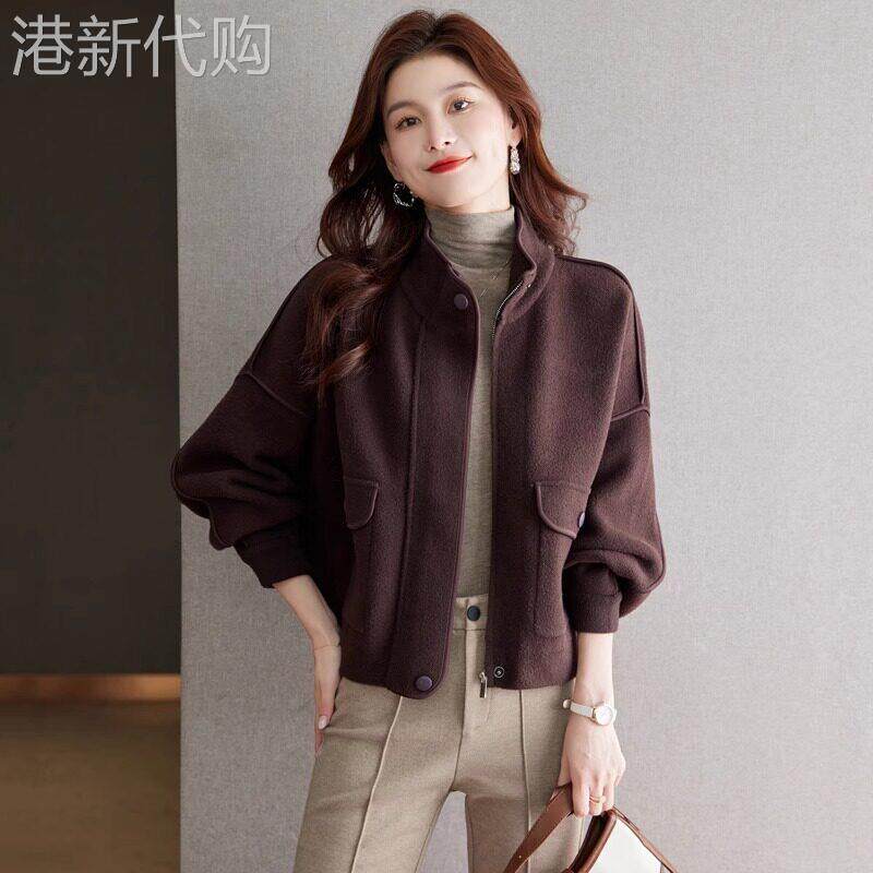 咖色短外套女春秋2025新款时尚百搭夹克宽松加厚气质立领呢子上衣