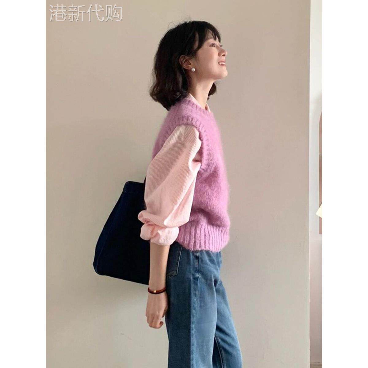 韩国2025春新款粉色圆领针织马甲背心女毛衣坎肩衬衫叠穿两件套潮