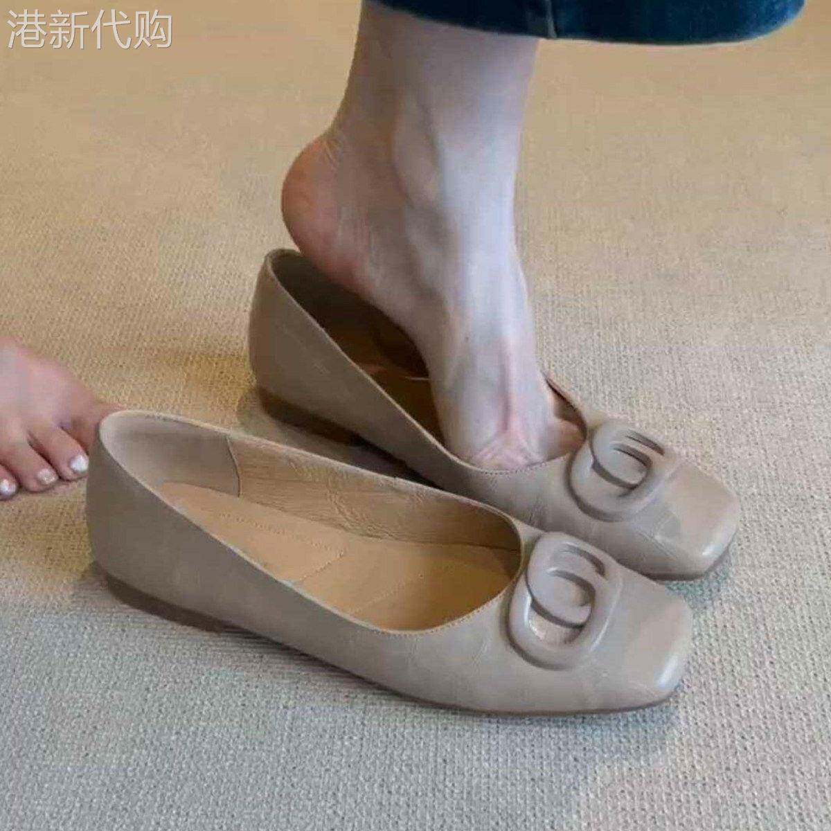 法式复古风真皮百搭平底奶奶鞋女浅口方头一脚蹬通勤玛丽珍单鞋潮