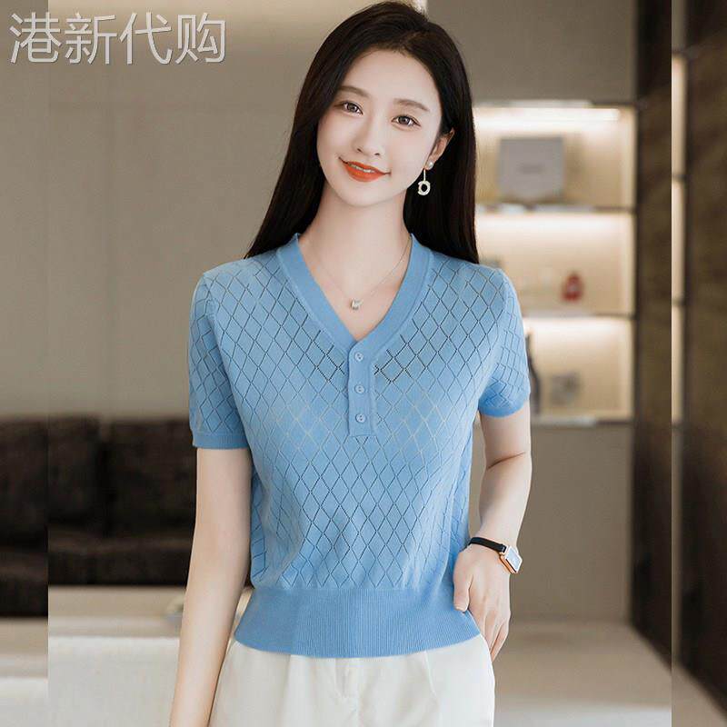v领冰丝短袖t恤女小个子夏季2025新款修身镂空针织衫高腰短款上衣