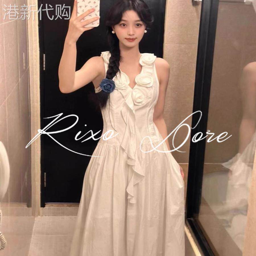 RIXO DORE法式设计感立体花朵背心连衣裙女高级感气质收腰长裙子