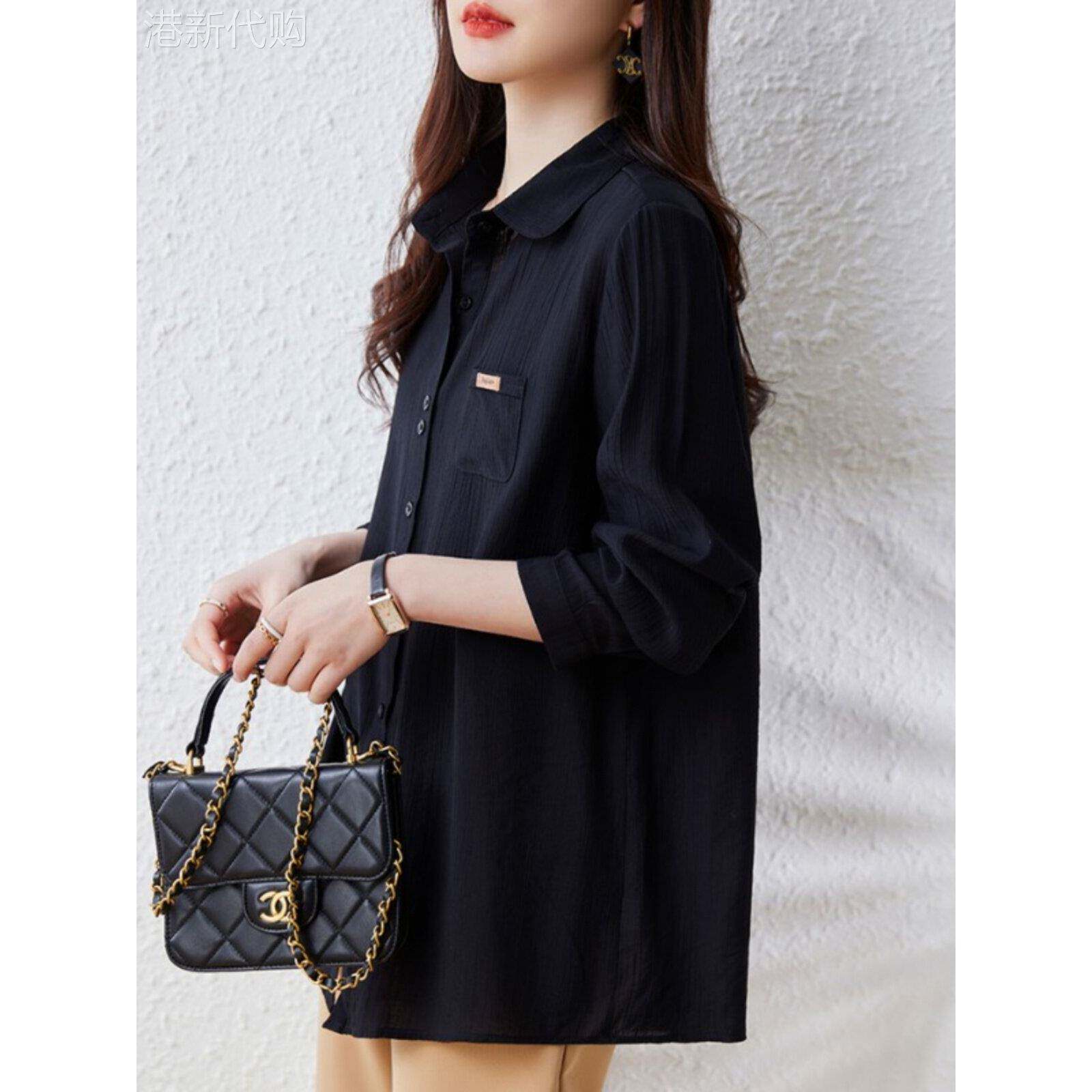 休闲翻领长袖衬衫女春秋装新款高级时尚褶皱肌理感中长款衬衣上衣