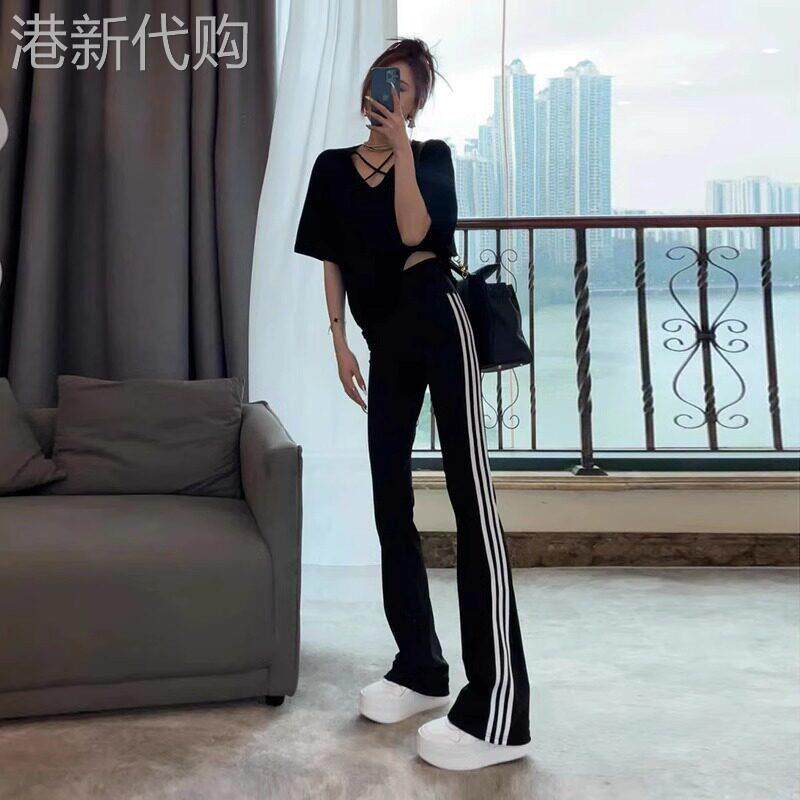 潮牌条纹微喇叭裤女三条杠夏季新款高腰显瘦垂感休闲运动瑜伽阔腿