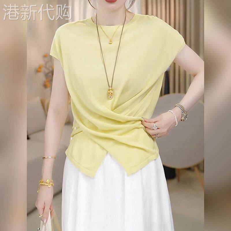 法式短袖冰丝针织衫女夏季新款慵懒风薄款显瘦修身百搭薄套头上衣