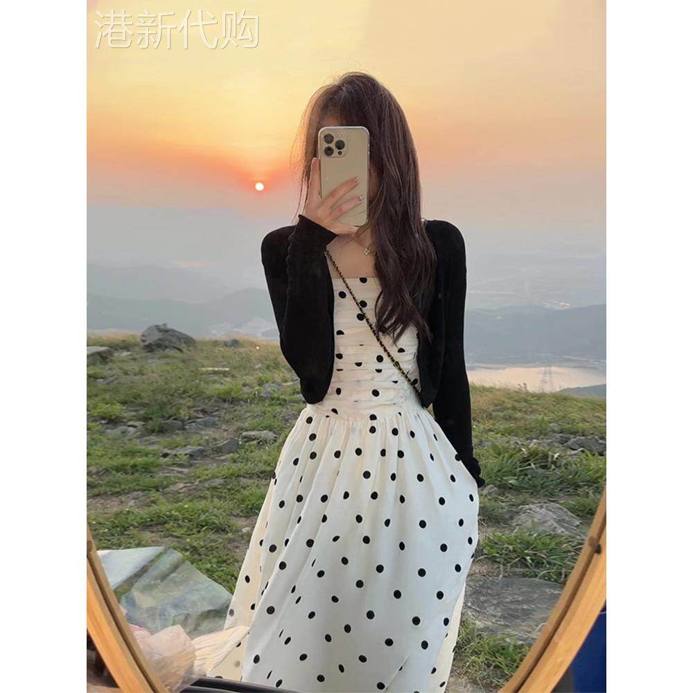 波点套装裙女春秋欧货吊带裙外搭小披肩收腰褶皱抹胸连衣裙两件套