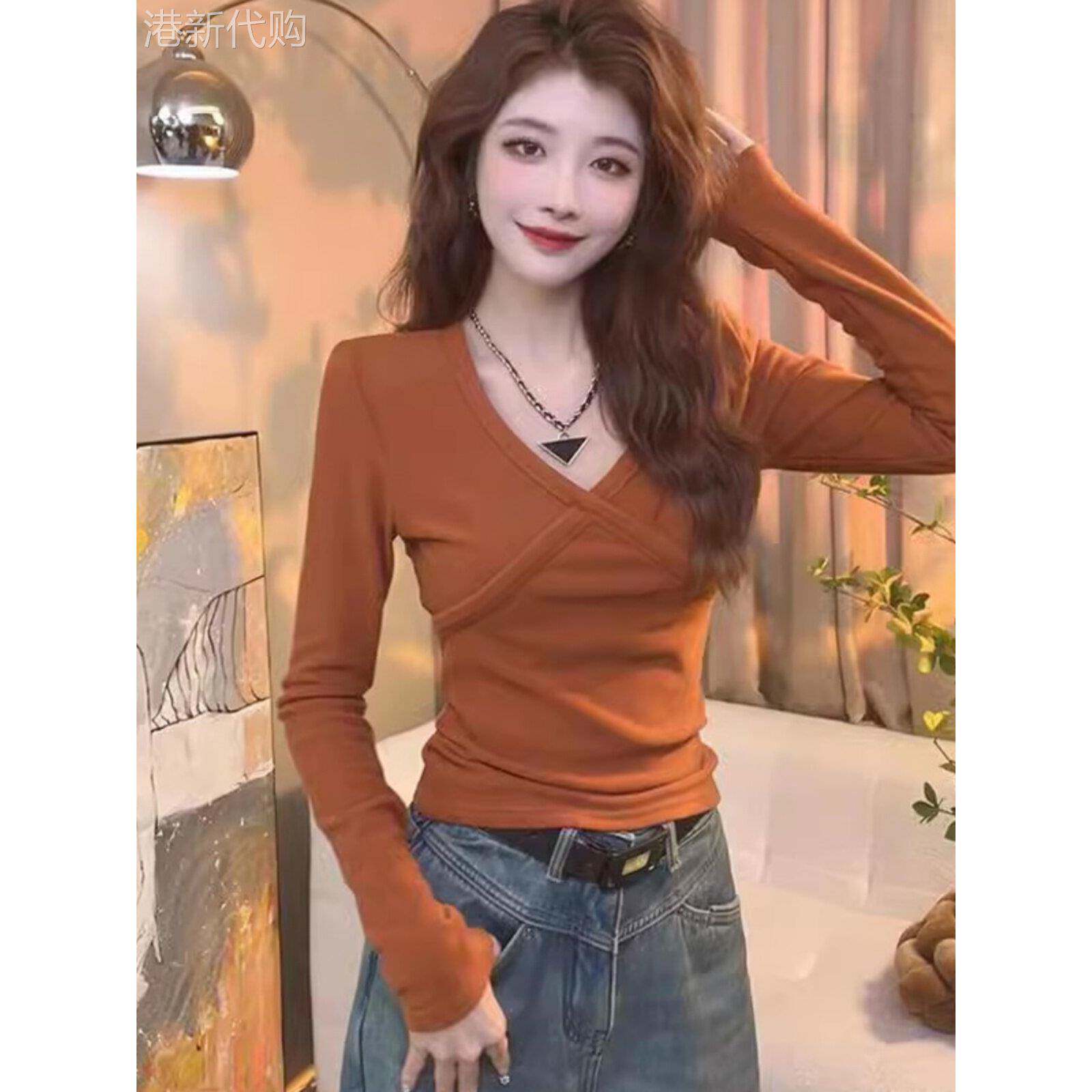 采购产品时尚和性感的V领衬衫，长袖t恤为妇女，春秋季欧洲修身上